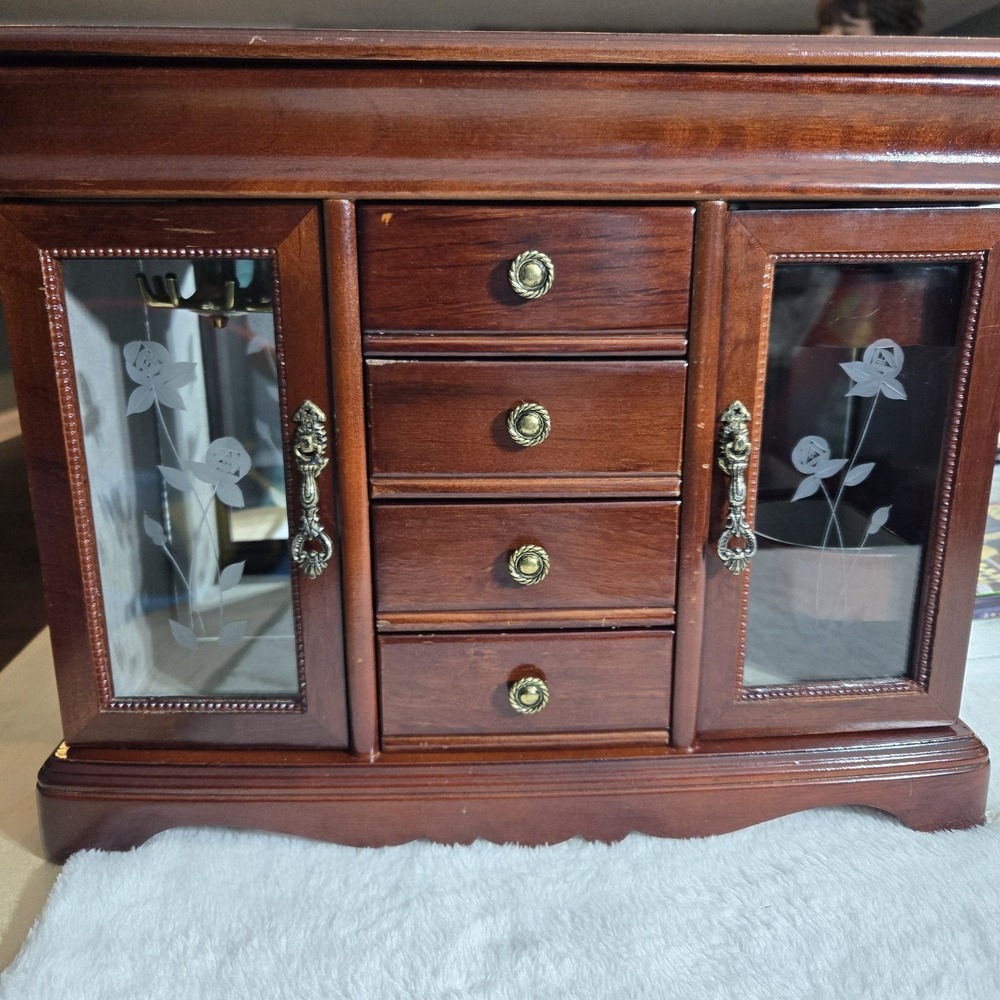 Armoire Jewelry Box With Double Doors and Mirrored Flip Top Vintage
